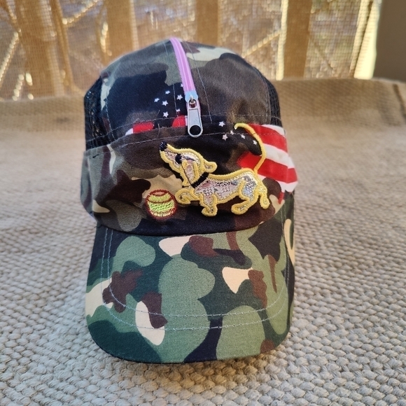 Kids Army Camo American Flag Weiner Dog Dachshund Hat with Zip Pocket on Top! - Picture 4 of 6
